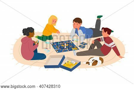 Kids Playing Board Game At The Floor Vector Illustration. Isolated On White.
