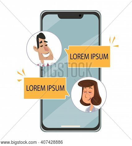 Correspondence On The Phone. Image Of A Smartphone On A White Background. Dialogue Between Men And W