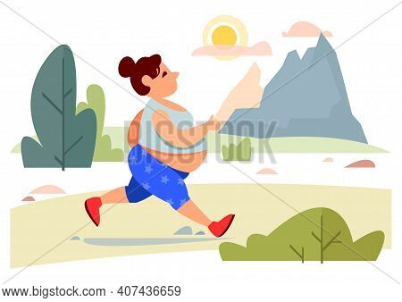 A Fat Woman In A Tracksuit Runs Down The Street On A Background Of Nature. Vector Illustration In Ca