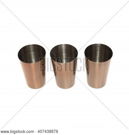 Row Stainless Steel Metal Shot Glasses For Liqueur Isolated On White Background