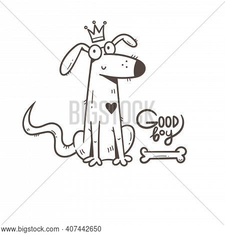 Card With Cute Cartoon Dog. Funny Puppy And Bone. Good Boy. Vector Print With Joyful Animal.