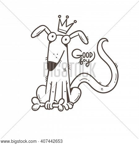 Card With Cute Cartoon Dog. Funny Puppy And Bone. Good Boy. Vector Print With Joyful Animal.