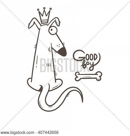 Card With Cute Cartoon Dog. Funny Puppy And Bone. Good Boy. Vector Print With Joyful Animal.