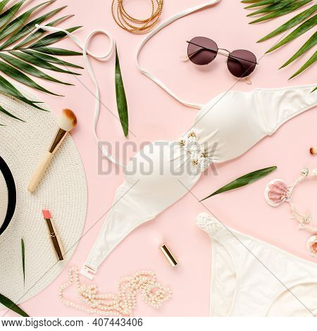 Traveler Accessories, Women Summer Bikini Set Swimsuit, Tropical Palm Leaf Branches On Pink Backgrou