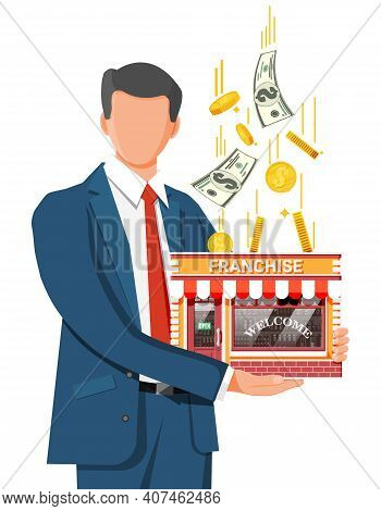 Businessman Planing Franchise Business For Sale. Shop Building Or Commercial Property. Real Estate B
