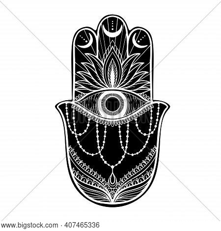 Graphic Hamsa Hand Traditional Abstract Isolated In White Background.boho Indian Shape.ethnic Orient