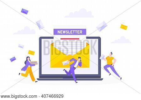Subscribe Now To Our Newsletter Vector Illustration With Tiny People Working With Laptop, Envelope A