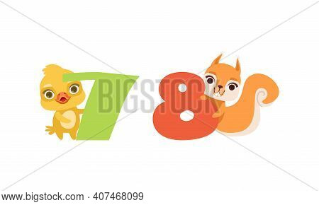 Seven And Eight Numbers With Cute Chicken And Squirrel, Birthday Anniversary Numerals With Funny Ani