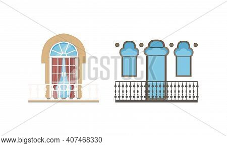 Detailed Balcony Windows Colllection, Classic House Facade Design Elements Vector Illustration