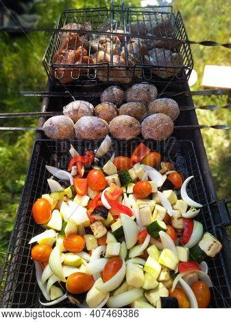 Seasonal Vegetables And Meat Cooked On The Barbecue For A Picnic