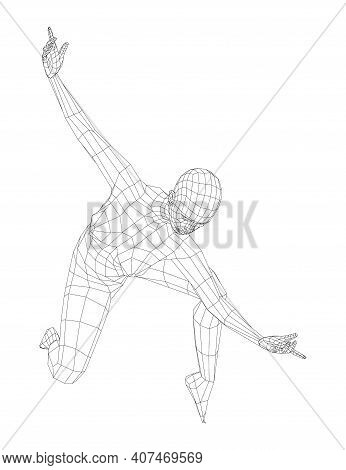 Wireframe Ballerina Or Dancer In Dance Pose. Vector 3d Rendering