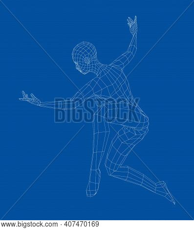 Wireframe Ballerina Or Dancer In Dance Pose. Vector 3d Rendering