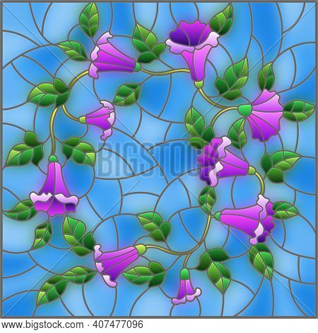 Illustration In Stained Glass Style With Flowers Loach, Purple Flowers And Leaves On Blue Background