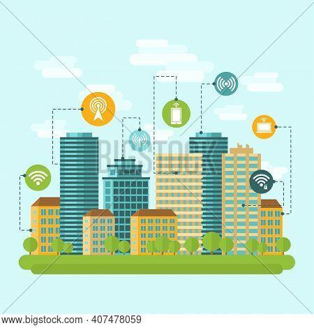 Business Centre And Residential Downtown City Area Buildings Computer Wireless Internet Connection R