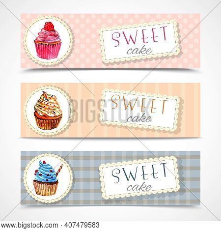 Decorative Sweetshop Confectionary Tags Labels Set With Traditional Cupcakes Design Horizontal Banne
