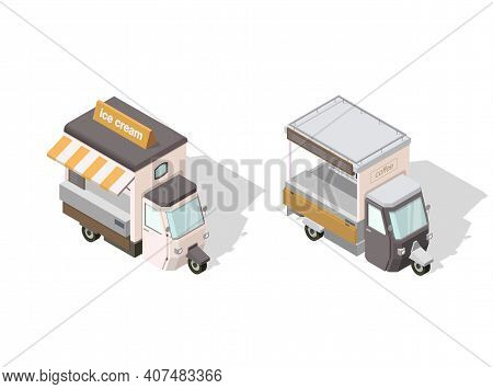 Vector Isometric Illustrations Of Ice Cream And Coffee Street Food Trucks. Tuc Tuc.