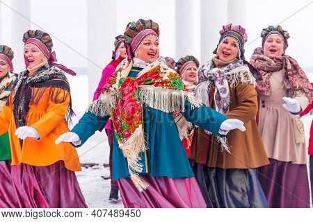Petrozavodsk, Russia - February 6th, 2021: The Folk Ensemble Of Russian Songs `katyusha` Performs At