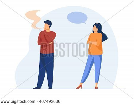 Displeased Woman Talking With Smoking Man. Cigarette, Health, Speech Bubble Flat Vector Illustration