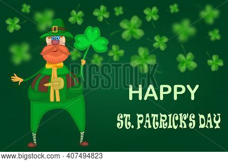 Leprechaun And Clover On Green Background. Happy St. Patrick's Day Banner With Leprechaun Or Elf And