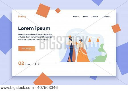 King And Queen Standing In Front Of Castle Flat Vector Illustration. Cartoon Monarchs As Symbol Of R