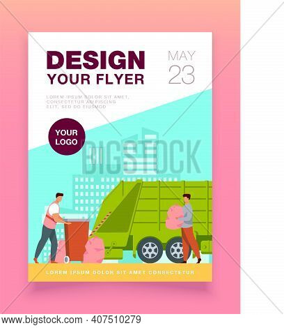 Trash Pickup Worker Cleaning Dustbin At Truck. Man Carrying Trash In Plastic Bag Flat Vector Illustr