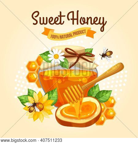 Sweet Honey Poster With Bees Jar And Yellow Flowers On Beige Background Vector Illustration