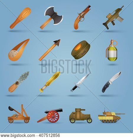 Weapon Icons Set With Gun Shotgun Grenade Tank Stun Isolated Vector Illustration