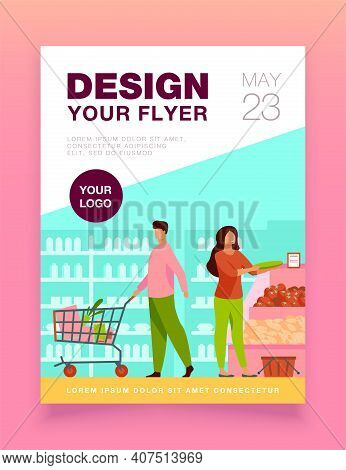 People Choosing Products In Grocery Store. Trolley, Vegetables, Basket Flat Vector Illustration. Sho
