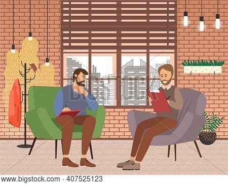 Two Men Are Sitting In Chairs In The Room Making Notes In Nitebooks Holding Paper And Pen. Buiness M