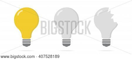 Broken Lamp Concept. Yellow Lightbulb Destruction. Whole Bulb, Lamp Off, Broken Lightbulb. Vector