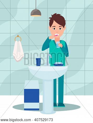 Guy Brushes His Teeth With A Toothbrush And Rinses His Mouth. Morning Routine Concept. Young Man In 