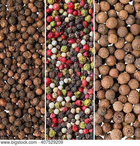 Food Background. Collage From Different Types Of Pepper. Top View