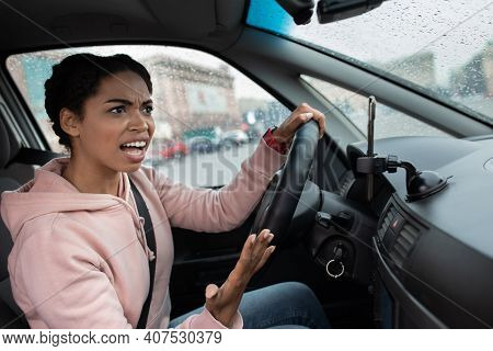 Conflict, Crash And Dangerous Road Situation In Car. Screaming Angry Aggressive Millennial African A