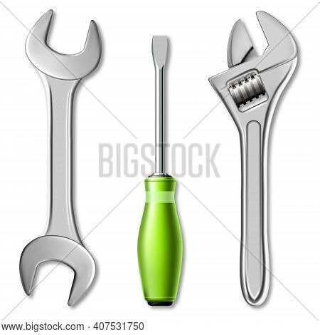 Realistic Set Of Tools Of Master Mechanic Or Plumber. 3d Vector Illustration Of A Wrench, Adjustable