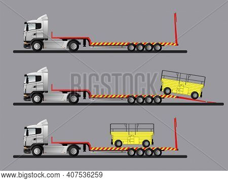 A Set Of Images Of Loading Special Equipment On A Low Loader Semi-trailer. Flat Style Line Art Illus