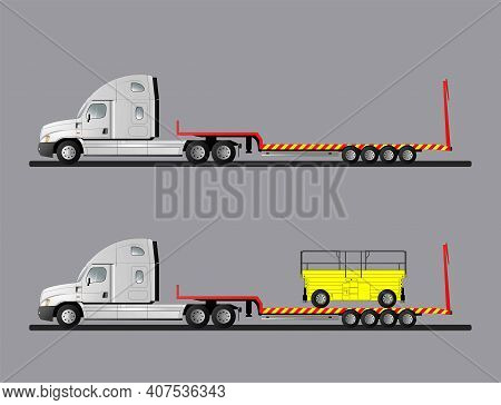A Set Of Images Of A Modern American Low Loader Truck With And Without Cargo. Flat Style Line Art Il