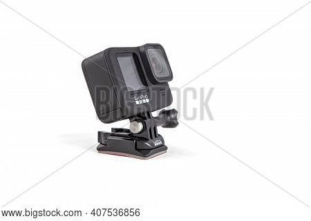Moscow, Russia - Novemner 11, 2020: New Flagship Action Camera Gopro Hero 9 Black. Side View, Isolat