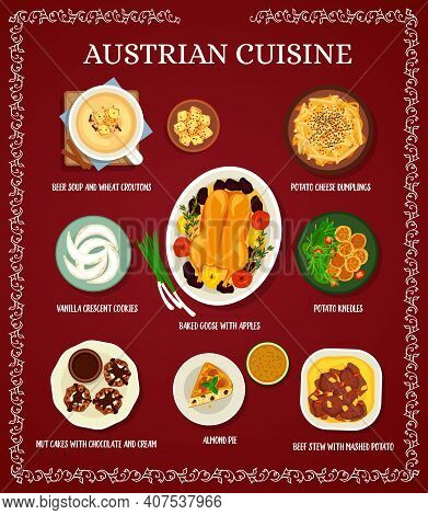 Austrian Cuisine Menu With Meat Meals And Dessert. Beef Stew, Almond Pie And Nut Cakes, Crescent Coo