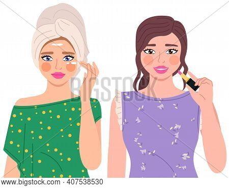 Beautiful Young Girl Makes Look And Does Makeup, Cares For Skin And Paints Lips Isolated On White. F
