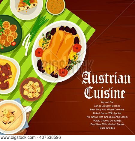 Austrian Cuisine Restaurant Meat And Vegetable Meals Menu Cover. Baked Goose With Apples, Beef Stew 