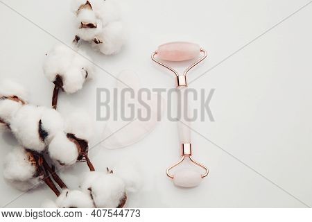 Pink Gua Sha Massage Tool. Facial Skin Care At Home, Anti-aging And Lifting Therapy. Beauty Concept