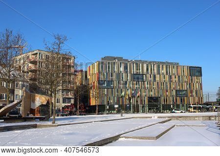 Aalst, Belgium, 9 February 2021: The Town Hall And Werfplein In Aalst In Winter Covered In A Layer O
