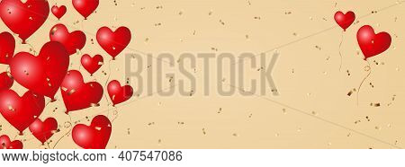 Realistic 3d Matt Red Flying Heart Balloons With Golden Ribbon And Falling Gold Colored Confetti, St