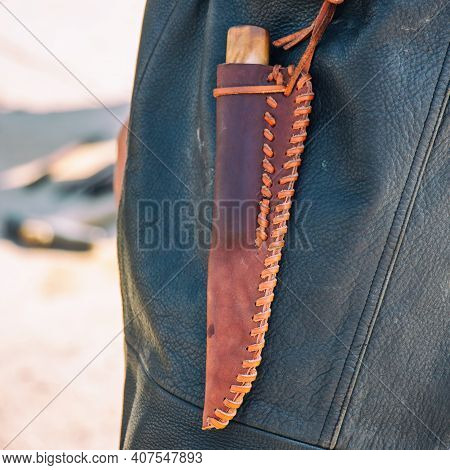 Homemade Brown Leather Sheath At The Belt