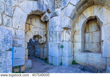 Nimrod, Israel - February 09, 2021: View Of The Northwest Tower Gate, In The Medieval Nimrod Fortres