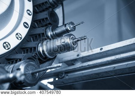 The Solid  End Mill Tool In The Tooling Magazine Of Machining Center. The Automatic Toll Change ,atc