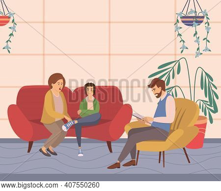 Conversation Between Mother, Teenager And Male Psychologist Or Psychotherapist Makes Notes In A Note