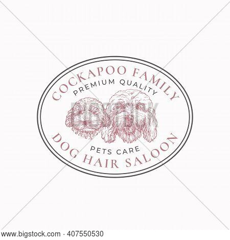 Dog Hair Saloon Frame Badge Or Logo Template. Hand Drawn Cockapoo Breed Puppy And Adult Face Sketch 