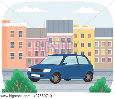 Car Rides On An Asphalt Road Against The Background Of Tall Buildings Of The City Landscape. Vehicle