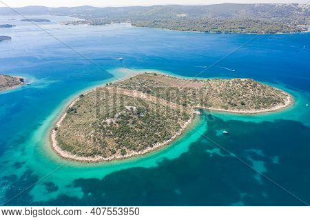 Aerial Drone Shot Of Heart-shaped Island Galesnjak In Dalamatia Croatia